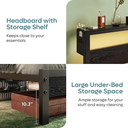 Bestier Queen Size Bed Frame with Headboard and Charging Station, Black Queen Bed Frame with LED Light, Non-Slip Platform Bed Frame Queen Size, Noise-Free, Easy Assembly, Black