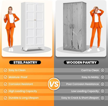 71" Tall Kitchen Cabinet Storage Unit With 2 Doors and 4 Adjustable Shelves, Metal White Freestanding Cupboard, 5 Tier Kitchen Pantry Storage Cabinet for Kitchen Dining/Living Room/Garage/Home/Office