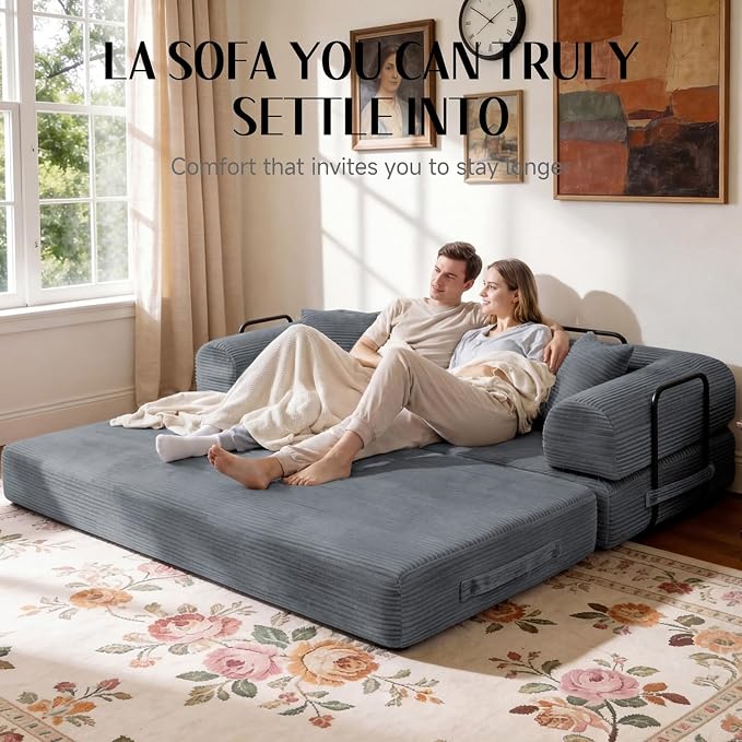 78.8" Memory Foam Boneless Couch, Corduroy Floor Sofa Bed, Convertible Sleeper Futon Loveseat, Wide Armrests & Back Support, Supports Up to 1200 lbs, Couch in a Box with 2 Pillows, Dark Grey
