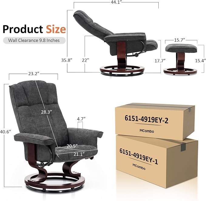 MCombo Manual Swivel Recliner with Ottoman, Chair Ottoman Set for RV Small Spaces, Living Room, Bedroom, Office 4919 (Chenille, Grey)