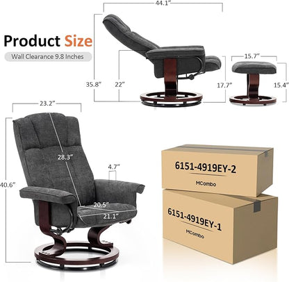 MCombo Manual Swivel Recliner with Ottoman, Chair Ottoman Set for RV Small Spaces, Living Room, Bedroom, Office 4919 (Chenille, Grey)