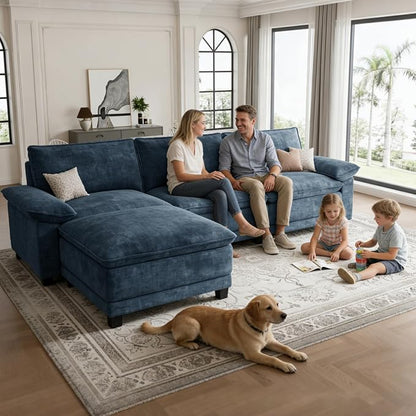 Modern L Shaped Sofa Couches for Living Room, Modular Sectional Cloud Couch with Movable Ottoman, Comfy Chenille Sofa for Apartment and Small Space,Blue