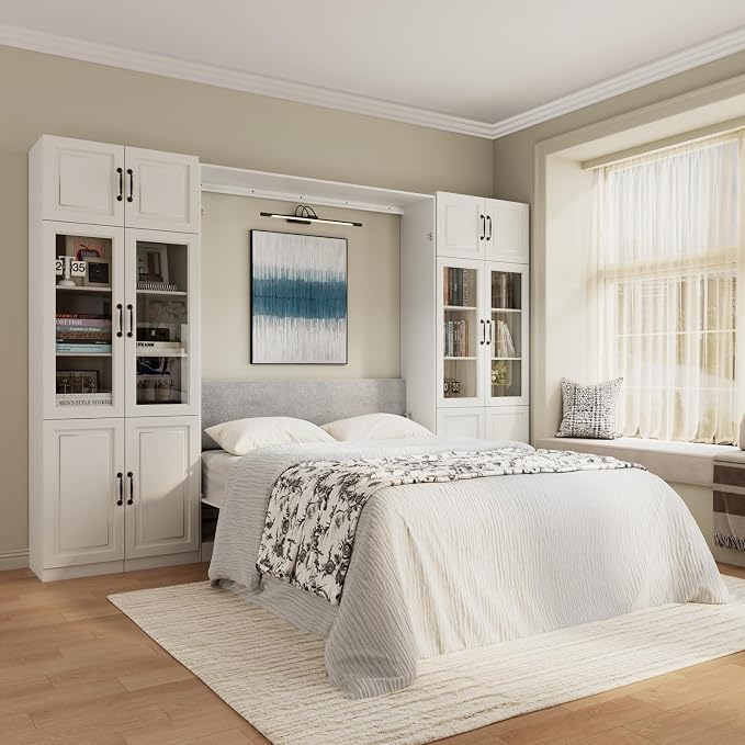 Bobve Farmhouse Murphy Bed Queen, 85" Wall Bed Folds to Save Space, Concealed Bed Frame with 2 Glass Storage Cabinets and Wall Mounted Features for Apartment/Office/Guest Room