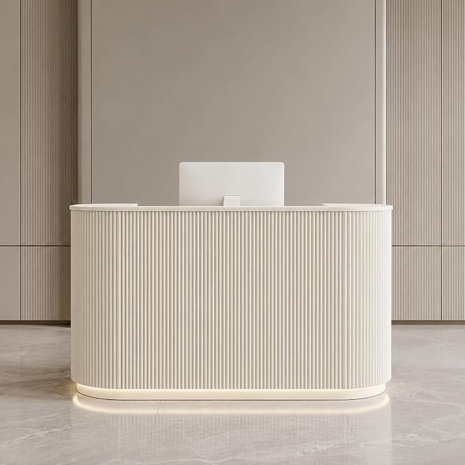 Modern Reception Desk, Reception Desk with Counter for Office and Salon | Power Outlet Lockable Cabinet Keyboard Tray Privacy Panel Cable Grommet Open Storage Storage Cabinet