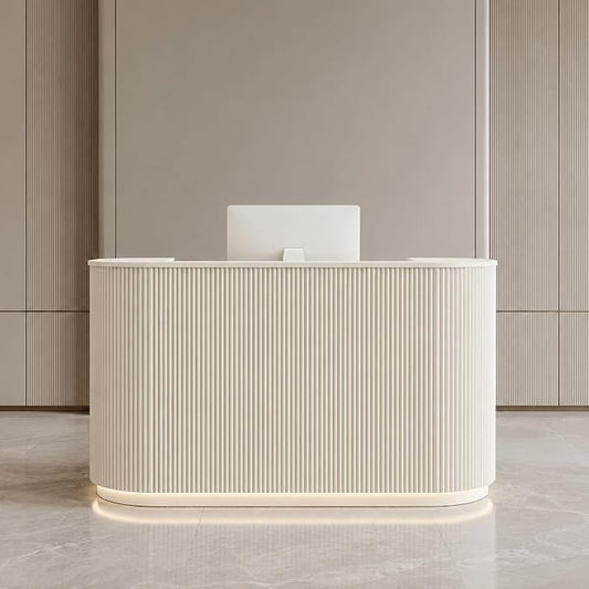 Modern Reception Desk, Reception Desk with Counter for Office and Salon | Power Outlet Lockable Cabinet Keyboard Tray Privacy Panel Cable Grommet Open Storage Storage Cabinet