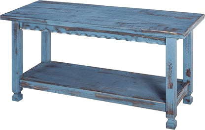 Country Cottage Entryway Bench with Storage Shelf – 36 Inch Solid Wood Farmhouse Bench in Antique Blue Distressed Finish for Rustic Hallway or Living Room Accent by Alaterre Furniture