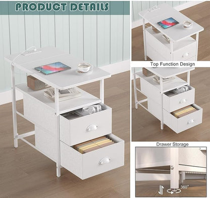sthmec End Table with Charging Station, Narrow Side Table with 2 Drawers, Nightstands with Drawers, USB Ports & Power Oulets,Slim Sofa Side Tables for Small Spaces,Living Room,Bedroom, White
