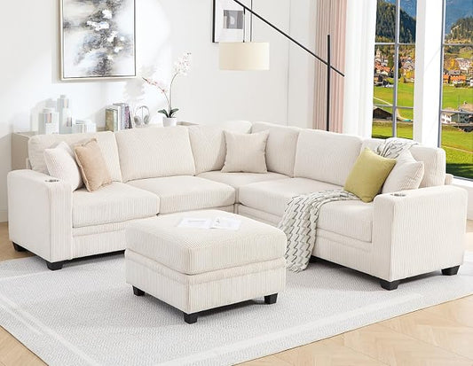 97" Modular Sectional Sofa with Storage, Corduroy 6-Seater V-Shaped Sofa with Ottoman Chaise, Convertible L-Shaped U-Shaped Cloud Sectional Couches for Living Room, Apartment