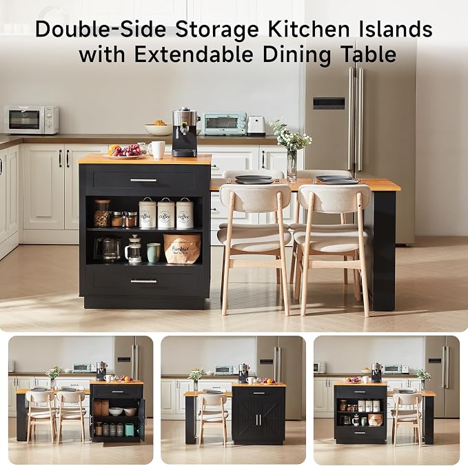 ONBRILL 76" Kitchen Islands with Extendable Dining Table, 2-4 Island Table with Double-Side Storage, Mobile Storage Islands Cart with Power Outlet & Spice Rack, Black
