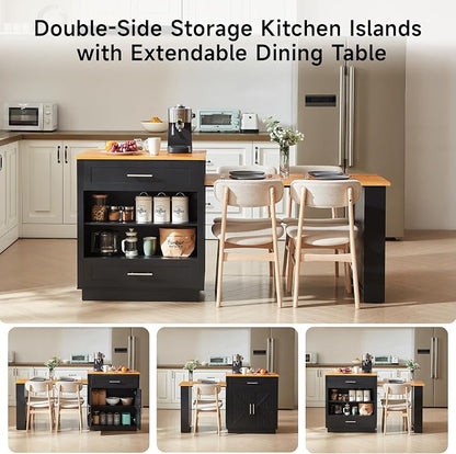 ONBRILL 76" Kitchen Islands with Extendable Dining Table, 2-4 Island Table with Double-Side Storage, Mobile Storage Islands Cart with Power Outlet & Spice Rack, Black