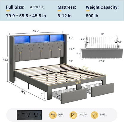 Allewie Full Bed Frame with 2-Tier Storage Headboard, Charging Station & LED Lights, Velvet Upholstered Platform Bed with 2 Drawers, Wingback Headboard, Gold Button Tufted, No Box Spring Needed, Grey