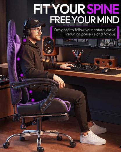 Dowinx Ergonomic Gaming Chair with Footrest & Massage Lumbar, 2D-Linkage Armrests for Computer Chair 330lbs with Headrest Pillow for Office, Home, Streaming and Long Gaming Sessions, Fabric Purple