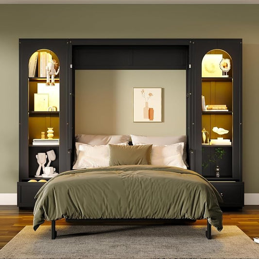MERITLINE Queen Murphy Bed with Desk and Storage & LED Light, Solid Wood Hideaway Murphy Wall Bed with Storage Shelves Bookcase and Drawers for Adults Bedroom Office Library (Queen,Black)