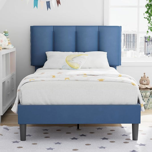 VECELO Twin Size Bed Frame with Upholstered Headboard, Heavy-Duty Bedframe with Wooden Slats & Steel Framework, Easy Assembly, Dark Blue