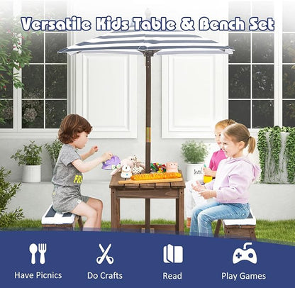 Costzon Kids Picnic Table, Toddler Wood Table & Chair Set w/Cushions, Height Adjustable Umbrella, Children Activity Table Outdoor Furniture Set for Patio, Garden, Backyard, Gift for Ages 3-8 (Blue)