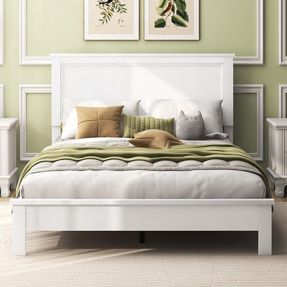 Giantex Wood Full Platform Bed Frame with Headboard, Mid Century Bed Frame with Solid Wood Legs & Wooden Slat Support, No Box Spring Needed, White Bed