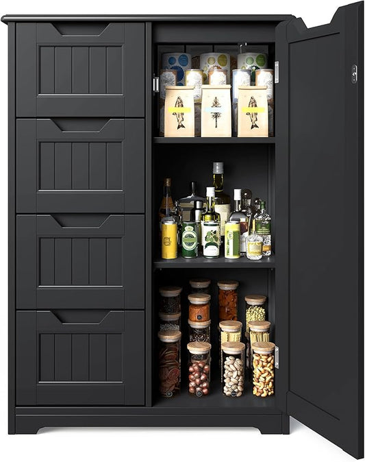 Gizoon Small Pantry Cabinet with Door and Shelves, 33'' Kitchen Pantry Cabinet Freestanding Wooden Bathroom Storage Cabinet with 4 Drawers for Kitchen and Dining Room, Black, Painted
