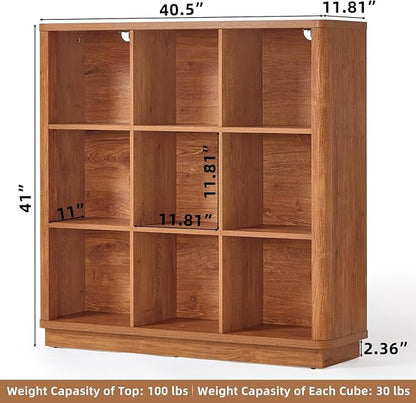 Joaxswe 9 Cube Storage Book Shelf, 40.5" Wide Organizer Bookshelf with Curved Edge, Wood Floor Standing 3-Tier Cubby Bookcase with Base, Country Rustic Display Book Case for Library, Office, Brown