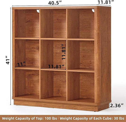 Joaxswe 9 Cube Storage Book Shelf, 40.5" Wide Organizer Bookshelf with Curved Edge, Wood Floor Standing 3-Tier Cubby Bookcase with Base, Country Rustic Display Book Case for Library, Office, Brown