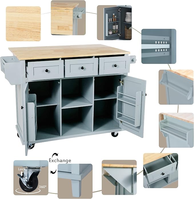 Large Kitchen Island with Rubber Wood Drop Leaf, Rolling Kitchen Cart with Ample Storage on Wheels with Doors and Drawers for Dining Room (Modern Grey Blue, Black Handle, 53Inch)