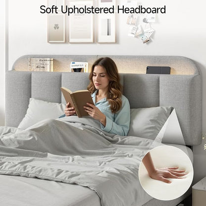 Queen Size Adjustable Headboard, Upholstered Headboard with Storage, APP Controlled LED Light, Padded Head Board Only, Sturdy Metal Foot Frame, Vertical Channel Design for Bedroom, Grey