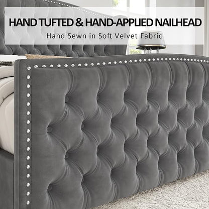 AMERLIFE King Size Platform Bed Frame, Velvet Upholstered Bed with Deep Button Tufted & Nailhead Trim Wingback Headboard/No Box Spring Needed/Grey