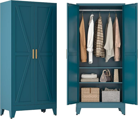 Metal Wardrobe Closet with Doors and Shelves, 71" Farmhouse Bedroom Armoire with Hanger Rod and Clothing Shelf, White Steel Wardrobe Cabinet Storage Clothes Closet