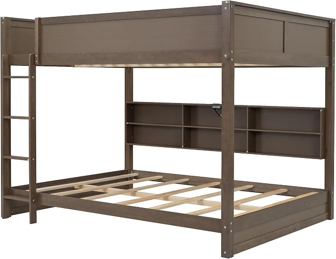 Wood Bunk Bed Queen over Queen Size with Built-in Storage Cabinets and USB Ports, Versatile Bunk Bed Frame with Ladder and Guardrail for Kids Teens Adult, Maximize Space (Antique Wood-9.30)