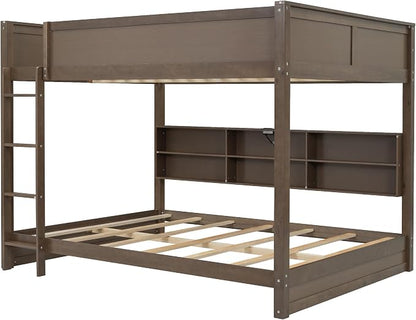 Wood Bunk Bed Queen over Queen Size with Built-in Storage Cabinets and USB Ports, Versatile Bunk Bed Frame with Ladder and Guardrail for Kids Teens Adult, Maximize Space (Antique Wood-9.30)