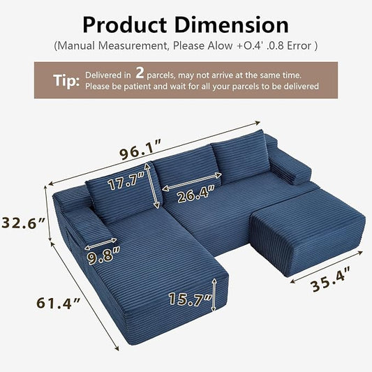 96" Cloud Sectional Couch U-Shaped Chaise with Ottoman, Corduroy Boneless Couch for Living Room Bedroom, Deep-Seat Upholstered Modular Cloud Sofa, No Assembly Required (Blue, Left Facing Chaise)