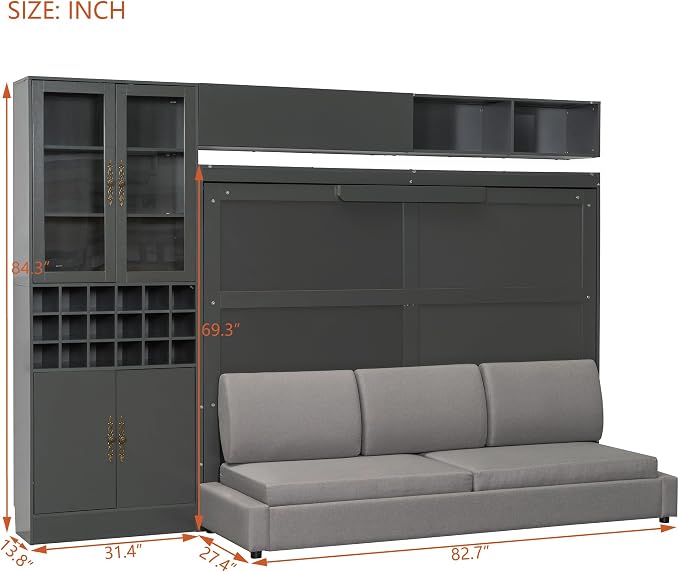 Queen Murphy Bed with Couch, Storage Shelves and USB, Folding Wall Bed | Stores bed and mattress together, with built-in light, 600 lbs capacity and 8-10 in mattress support for small spaces
