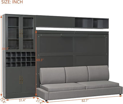 Queen Murphy Bed with Couch, Storage Shelves and USB, Folding Wall Bed | Stores bed and mattress together, with built-in light, 600 lbs capacity and 8-10 in mattress support for small spaces