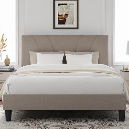 Novilla Full Size Bed Frame with Adjustable Headboard Platform Full Bed Frame with Linen Fabric Upholstered Headboard, No Box Spring Needed, Noise-Free, Wooden Slats Support, Easy Assembly, Beige