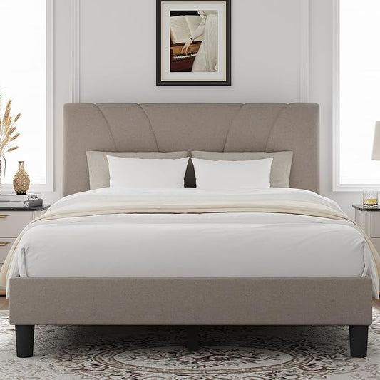 Novilla Full Size Bed Frame with Adjustable Headboard Platform Full Bed Frame with Linen Fabric Upholstered Headboard, No Box Spring Needed, Noise-Free, Wooden Slats Support, Easy Assembly, Beige