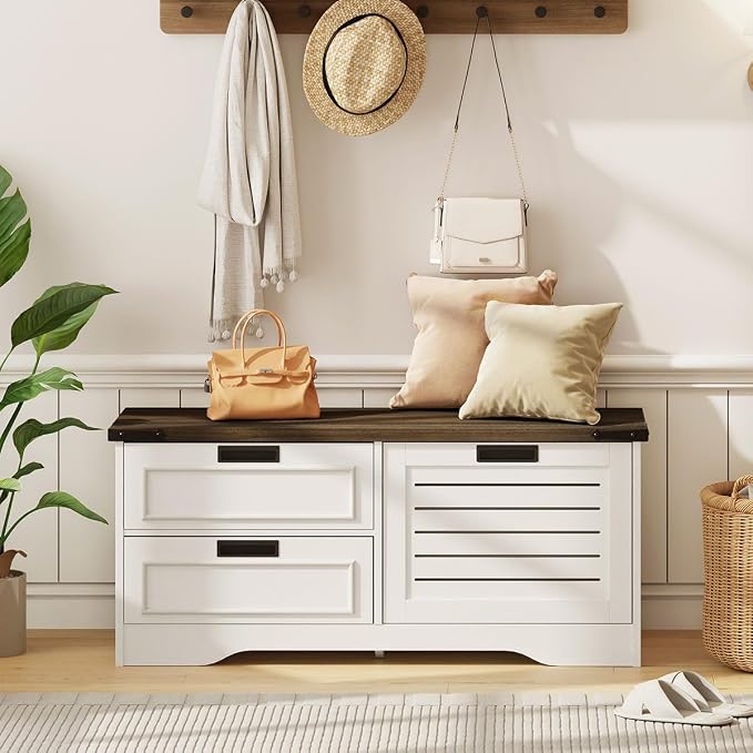 FATORRI Shoe Storage Bench with Flip Drawer, Wooden Entryway Bench, Modern Shoe Cabinet with Removable Drawers for Hallway, Living Room (Walnut Brown & White Oak)