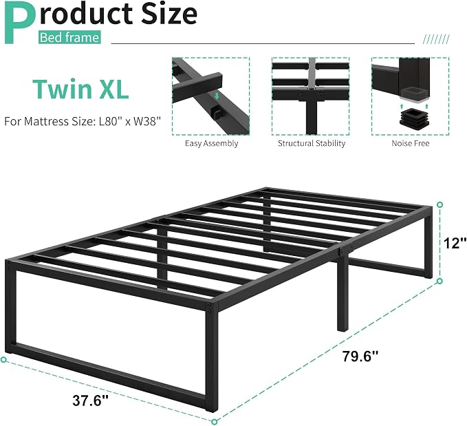 Lutown-Teen 12 Inch Twin XL Bed Frames Heavy Duty Sturdy Metal Platform Bed Frame No Box Spring Needed, Noise Free, Easy Assembly, Black