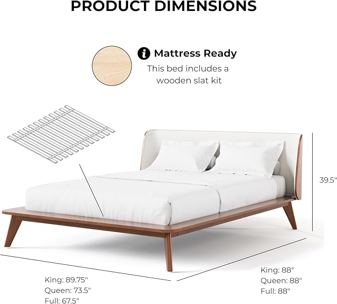 Furniture of America Wyatt Modern Solid Wood Bedroom Collection with Queen Bed Frame, Nightstands, Dresser with Mirror, No Box Spring Needed, Walnut, Boucle Wingback Low Profile, 5-Piece Set
