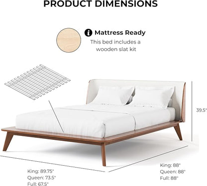 Furniture of America Wyatt Modern Solid Wood Bedroom Collection with Queen Bed Frame, Nightstands, Dresser with Mirror, No Box Spring Needed, Walnut, Boucle Wingback Low Profile, 5-Piece Set