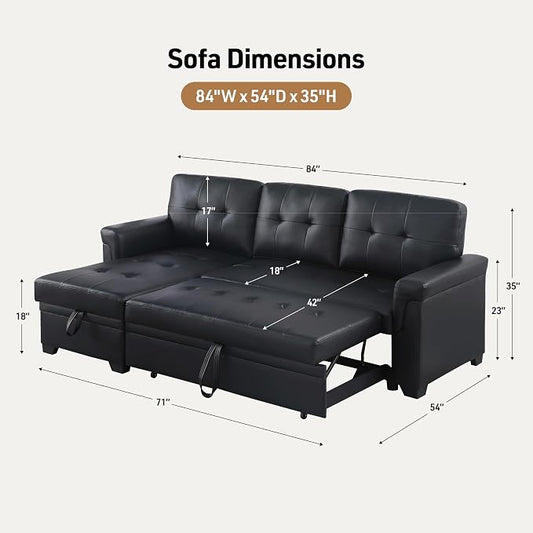 Lilola Home Lucca 84" Reversible Sleeper Sectional Sofa with Pull-Out Bed & Storage Chaise, Black Vegan Leather, Tufted Back, Modern Compact Couch for Living Room, Easy Assembly