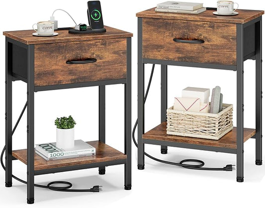 Vagusicc Nightstand Set of 2 with Charging Station, Bed Side Table with Fabric Drawer, Small End Table with 2-Tier Storage Shelves, 25.4" Tall Bedside Table, Night Stand for Bedroom Dorm, Rustic Brown