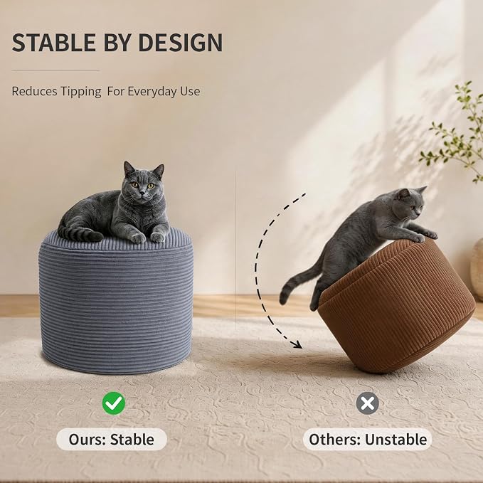 Stuffed Pouf Ottoman Foot Rest with 2.8-inch Solid Foam Base | Odorless Filling Resists Clumping, Washable Corduroy Cover, Round Foot Stool for Living Room Couch Lounging and Home Decor