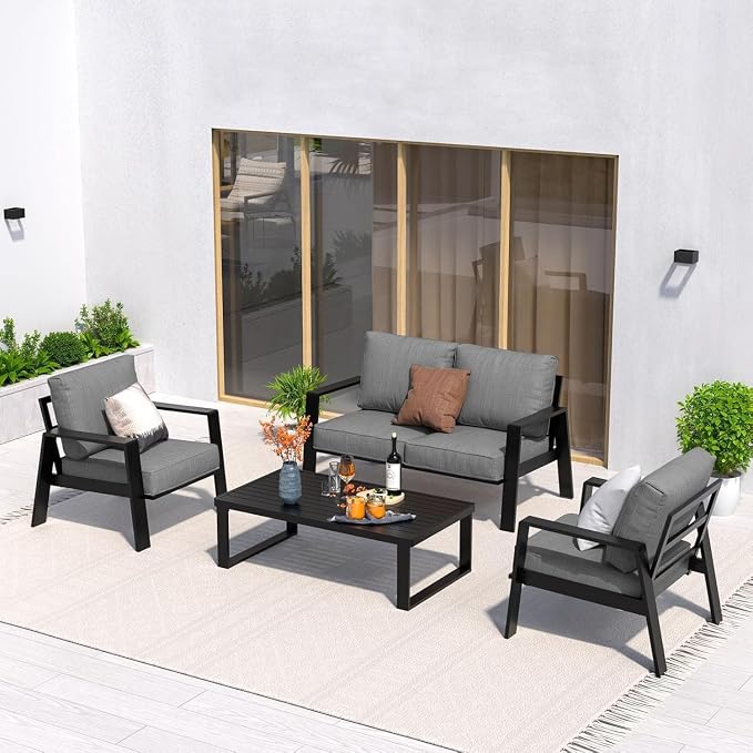 Aluminum Outdoor Patio Furniture Set, 4 Piece Sectional Coversation Sets with Coffee Table, Modern Outdoor Sofa Couch with Thick Cushions for Porch, Balcony, Garden, Dark Gray