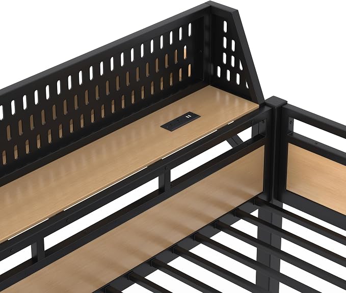 Bellemave Bunk Bed Twin XL Over Twin XL，Metal Bunk beds with Storage Shelves USB Ports and LED Lights, Natural