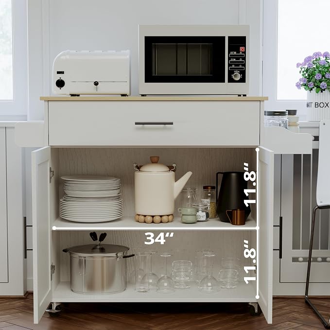 IRONCK Rolling Kitchen Island Table on Wheels with Drop Leaf, Storage Cabinet, Drawer, Spice/Towel Rack, Kitchen Cart, 47.25" Wide White