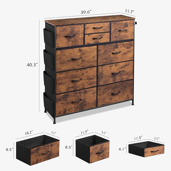 WLIVE Fabric Dresser for Bedroom with 10 Drawers, Chest of Drawers with Side Pockets and Hooks, Sturdy Metal Frame, Drawers Organizer Unit for Living Room, Hallway, Rustic Brown Wood Grain Print