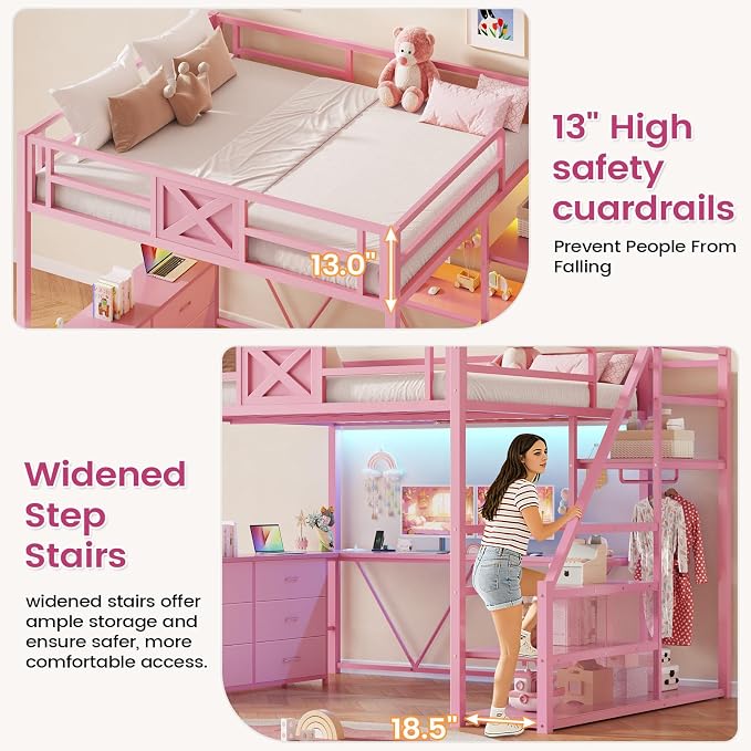 Itaar Full Size Loft Bed with Desk and Storage Stairs, Metal Loft Bed with 6 Storage Drawers, Hall Tree, LED Lights and Power Outlet, for Kids, Teens, Adults, Pink