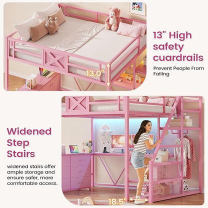 Itaar Full Size Loft Bed with Desk and Storage Stairs, Metal Loft Bed with 6 Storage Drawers, Hall Tree, LED Lights and Power Outlet, for Kids, Teens, Adults, Pink