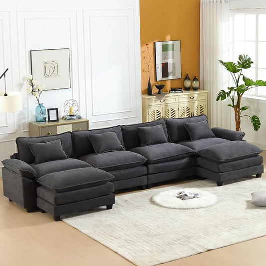 Oprisen 154" Modular Sectional Sofa, Comfy Cloud Couch Sectional Sofa with Ottoman, Velvet Sofa Sleeper Deep Seat Sofa with Throw Pillows for Living Room (Blue Gray, 154"- U Shape)