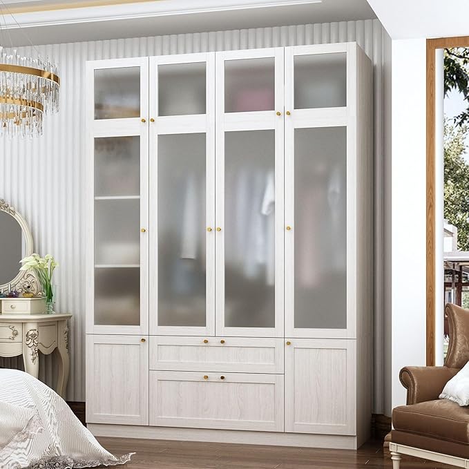 MOUMON Wide Modern Bedroom Armoires with Frosted Glass Doors and Hanging Rod, Tall Wardrobe with Drawers, Large Armoire Wardrobe Closet, Wood Grain 63" W x 19.7" D x 86.6" H
