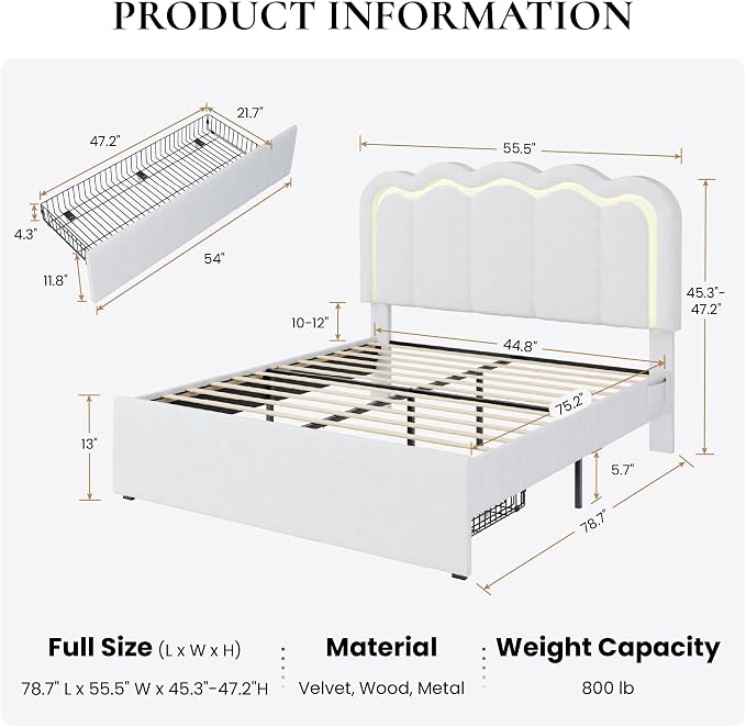 SHA CERLIN Upholstered Full Size Bed Frame with LED Lights and Large Storage Drawer, Velvet Platform Bed with Adjustable Wavy Headboard, Noise Free, Easy Assembly, No Box Spring Needed, Soft White